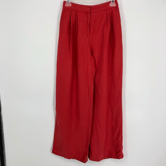 Ann Taylor Womens Wide Leg Linen Pants Size 0 Petite Red Pleat Front High Rise - Picture 1 of 12